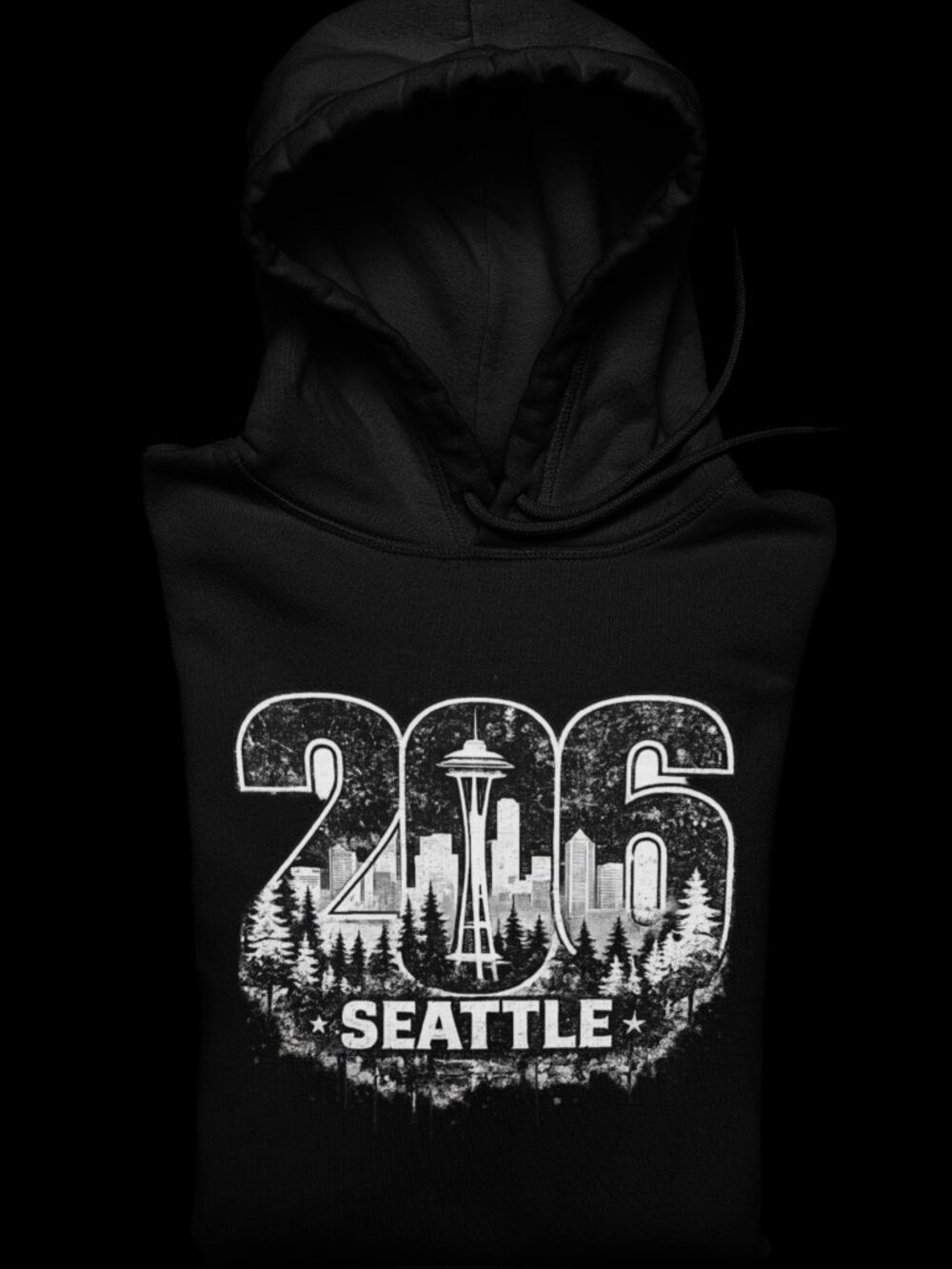 206 Seattle Hoodie – Distressed Skyline Graphic Hoodie, Seattle Streetwear
